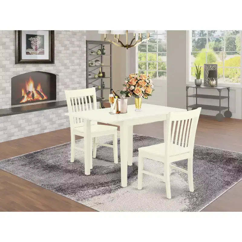 HomeStock Belmont 3Pc Dining Room Table Set Includes a Kitchen Table , 2 Modern Dining Chairs , Asian Hardwood Seat , Slat Back, Linen White Finish