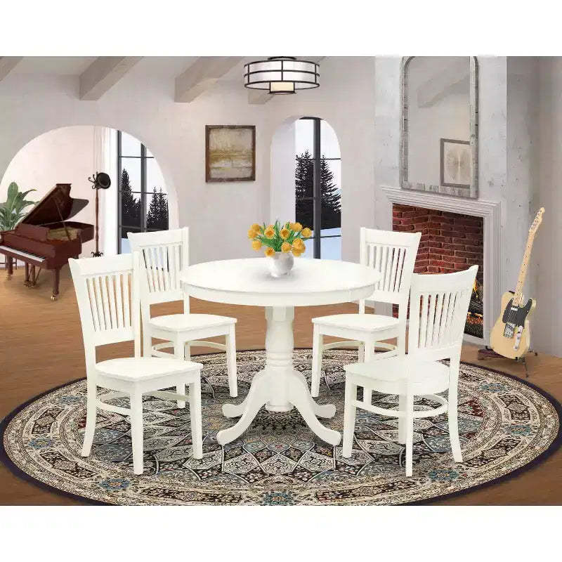 HomeStock ANVA5 Linen White 5 Piece Round Pedestal Dining Set