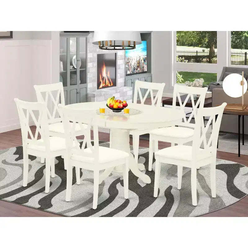 HomeStock 7 Piece Linen White Dining Room Table Set Oval Table with 6 Chairs