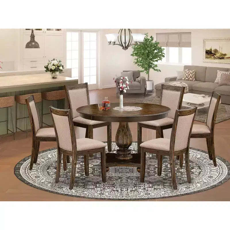 HomeStock 7 Piece Round Dining Set Dark Khaki Linen Fabric Chairs