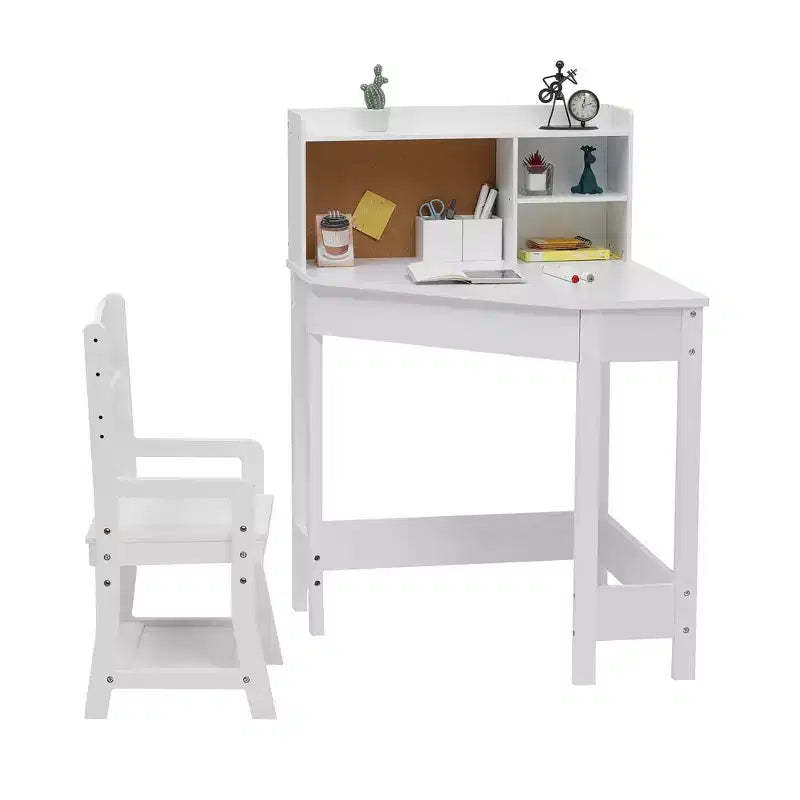 Kids Desk and Chair Set, Wooden Corner Study Table with Bookshelf, Bulletin Board, and Pen Holder, Writing Table for Boys and Girls, White