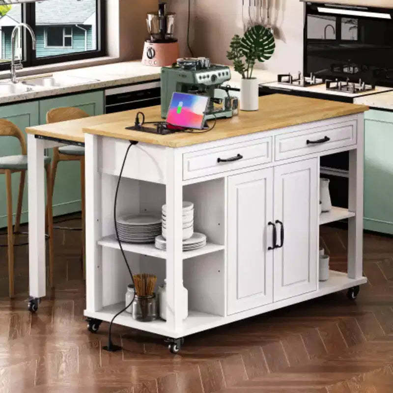 47 inch White Kitchen Island with Extendable Dining Table, Rubber Wood Veneer Kitchen Table with Storage 2 Drawers 2 Cabinet