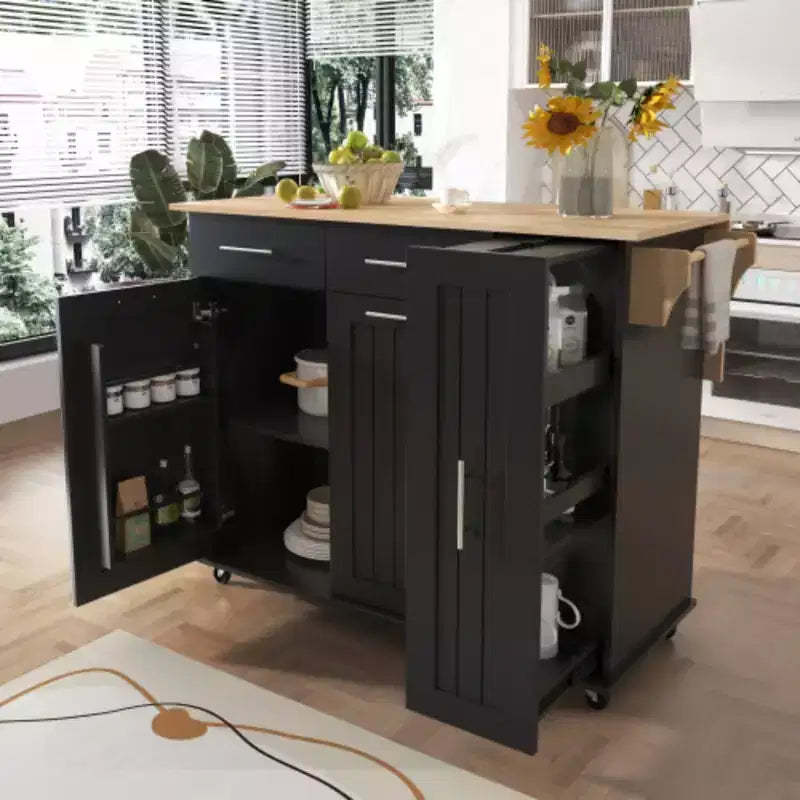 Black Kitchen Island with Drop Leaf 3 Tier Cabinet Organizer, Rolling Kitchen Cart on Wheels for Kitchen Dining Room