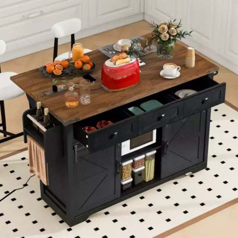 53.7 Black Farmhouse Kitchen Island with Drop Leaf, Rolling Kitchen Cart on Wheels for Home Kitchen Dining Room