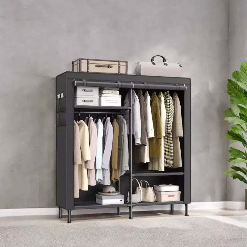 LEDREM Freestanding Portable Closet Organizer, 65 Inch Heavy Duty Wardrobe Closet with Cover Closet Storage 2 Hanging Rails, 3 Shelves, 4 Side Pockets