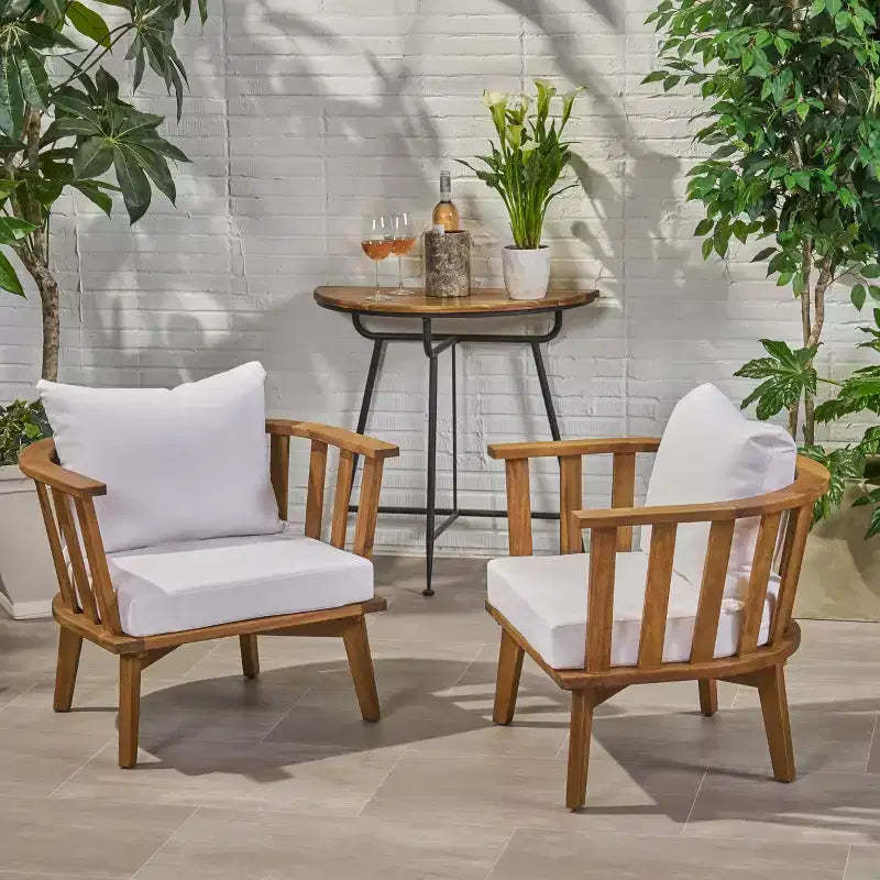 Christopher Knight Home Dean Outdoor Acacia Wood Club Chairs with Cushions (Set of 2), White and Teak