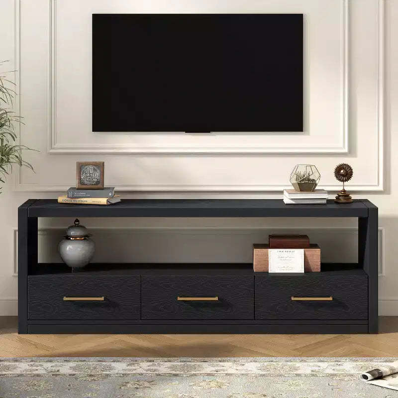 74W TV Stand TV Console Storage Cabinet Entertainment Center Sideboard with 3 Drawers and Open Shelf, Brown/Black/Gray- Christopher Knight Home