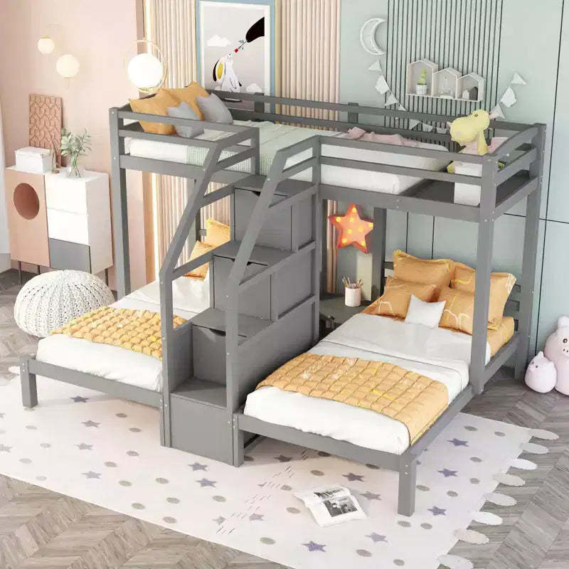 Whisen Twin over Twin & Twin Bunk Bed with Upper Storage Board and Built-in Storage Staircase and Small Drawers - Gray