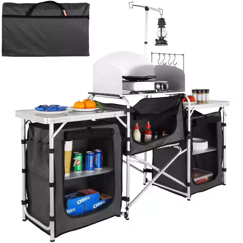 VEVOR Camping Kitchen Table, Folding Outdoor Cooking Table with Storage Carrying Bag, Aluminum Cook Station 3 Cupboard & Detachable Windscreen, Black