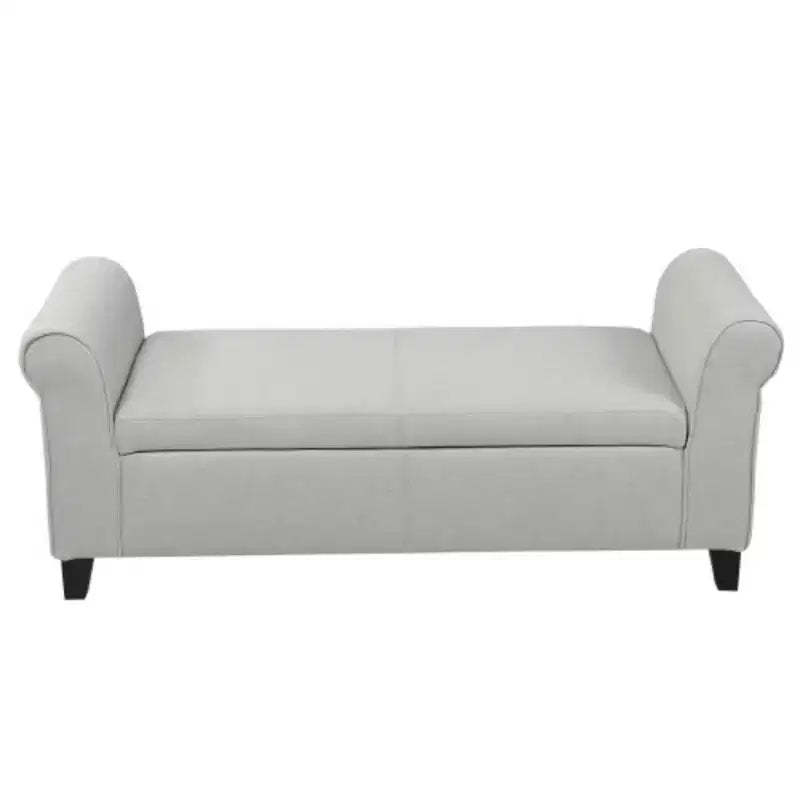 White Upholstered Storage Bench with Rolled Arms: Dimensions 50.00 x 20.50 x 19.50 inches