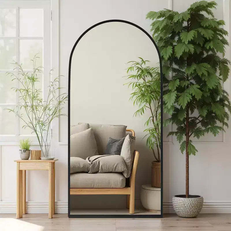 Aluminum Alloy Thin Edged Right Angled Arched Black Full-Length Mirror 180x96x1.5cm (With Bracket)