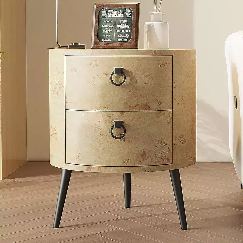 Round Side Table with Drawers Modern Night Stand with Storage Wooden Accent End Table with Metal Legs for Living Room, Bedroom Golden Willow