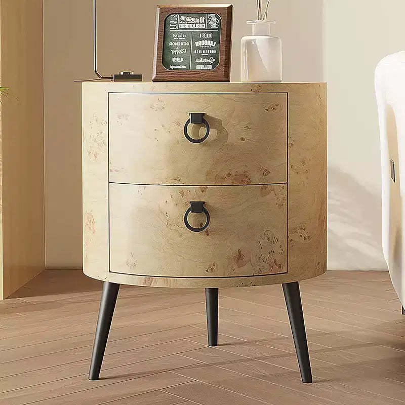 Round Side Table with Drawers Modern Night Stand with Storage Wooden Accent End Table with Metal Legs for Living Room, Bedroom Golden Willow