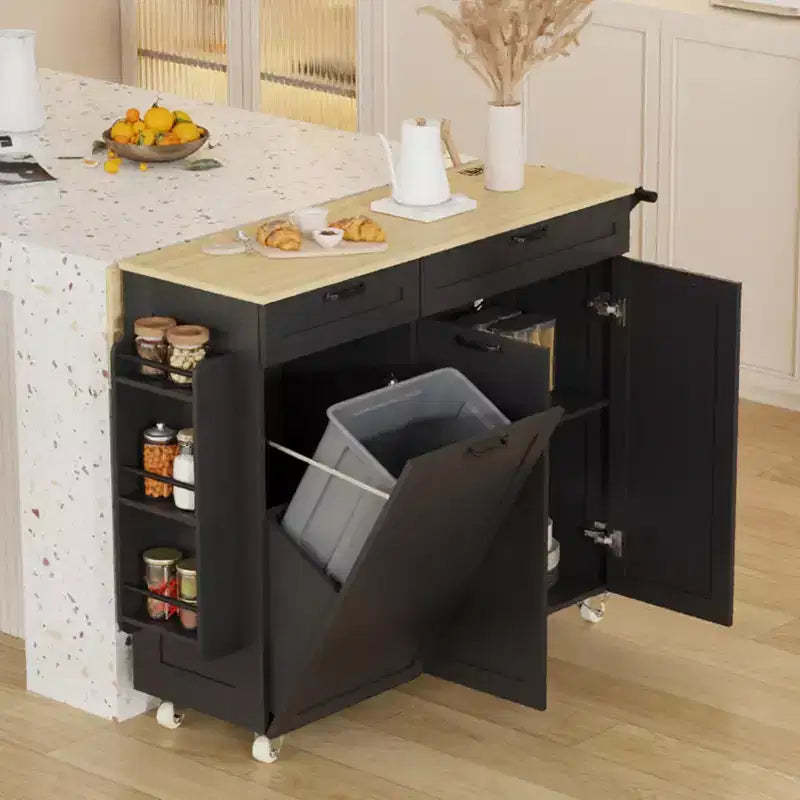 Rolling Kitchen Island with Power Outlet & Drop Leaf, Kitchen Island Cart with Trash Storage Cabinet