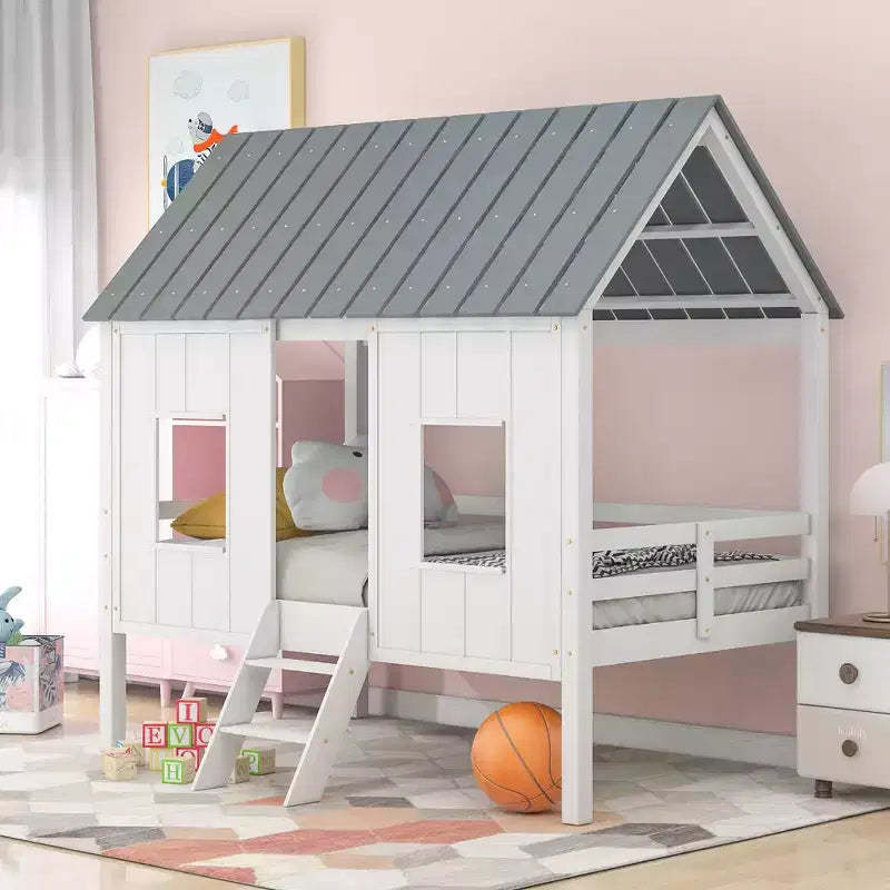 Whisen 80.4''L  45.2''W  71.4H Twin Size House-shaped Low Loft Bed with Roof and Two Front Windows - White