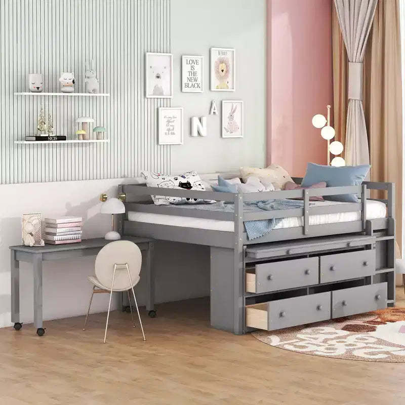 Twin/Full Size Loft Bed with Retractable Writing Desk and 4 Drawers, Wooden Low Loft Bed Frame with Shelves - ModernLuxe