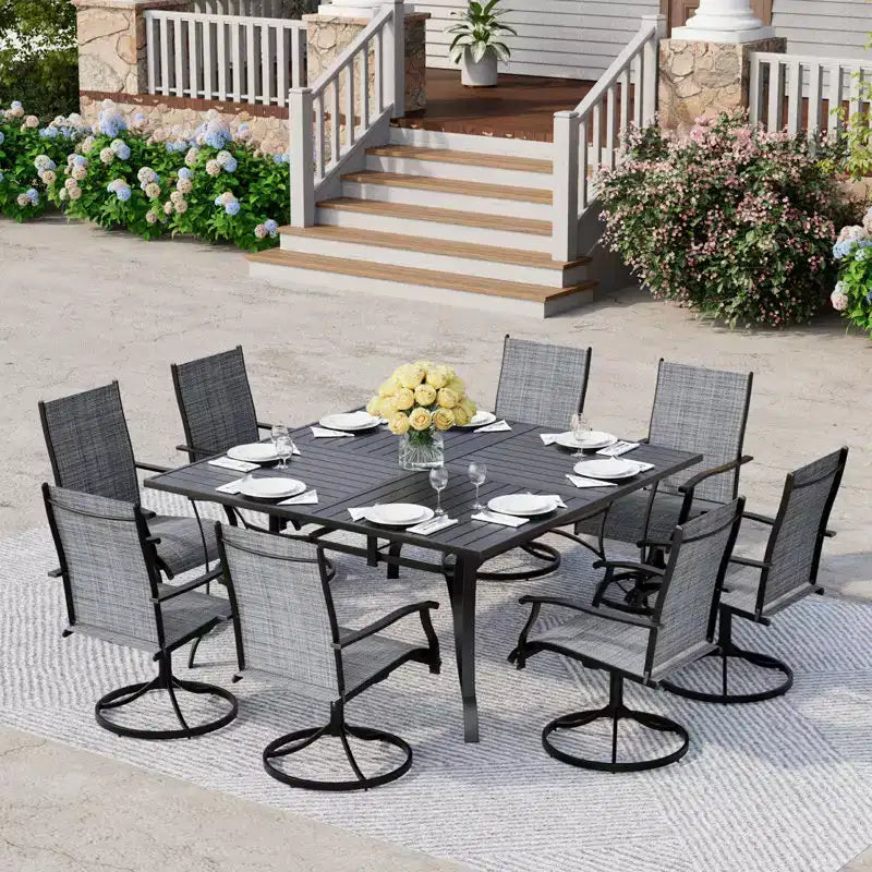 EROMMY 9 Piece Patio Dining Set, Outdoor Dining Table And Chairs Set For 8,Patio Furniture Set For Deck, Backyard, Lawn, Poolside, Brown/gray/blue