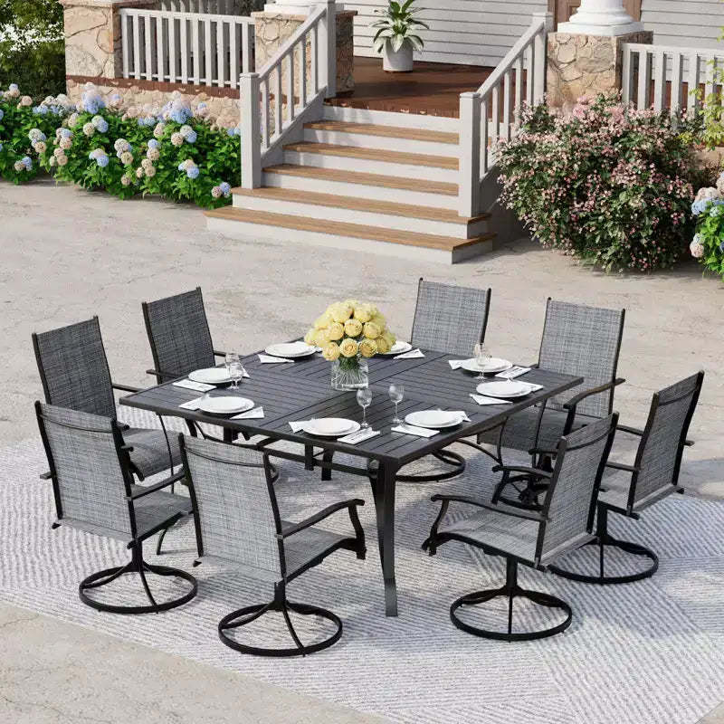 EROMMY 9 Piece Patio Dining Set, Outdoor Dining Table And Chairs Set For 8,Patio Furniture Set For Deck, Backyard, Lawn, Poolside, Brown/gray/blue