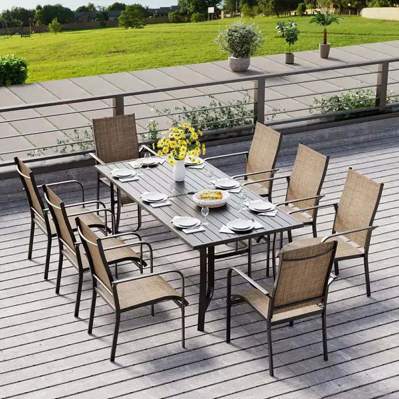 EROMMY 9 Piece Patio Dining Set, Outdoor Dining Table And Chairs Set For 8, 8 Textilene Chairs, 1 Iron Rectangular Table With Adjustable Umbrella Hole