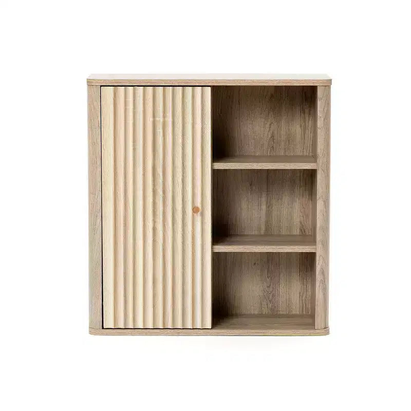 LuxenHome Bathroom Wall Cabinet with Wave-Patterned Door, Modern Natural Finish Manufactured Wood 1-Door Over The Toilet Cabinet Brown