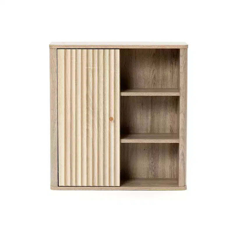 LuxenHome Bathroom Wall Cabinet with Wave-Patterned Door, Modern Natural Finish Manufactured Wood 1-Door Over The Toilet Cabinet Brown