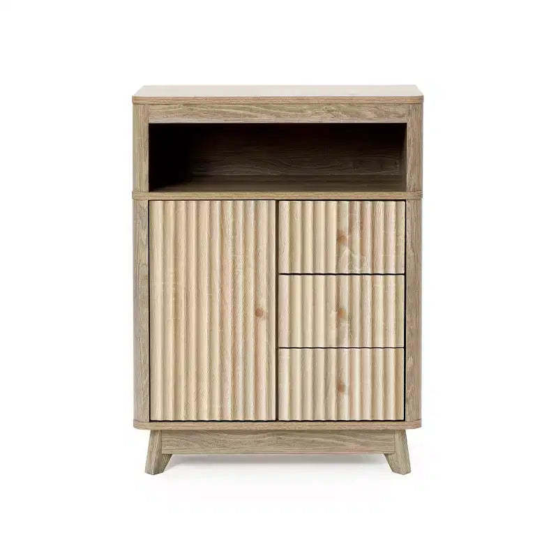 Luxenhome Bathroom Storage Cabinet, 31'' Mid Century Modern Natural Finish Fluted Wave-Patterned Wood Accent Cabinet with 3-Drawer 1-Door Brown