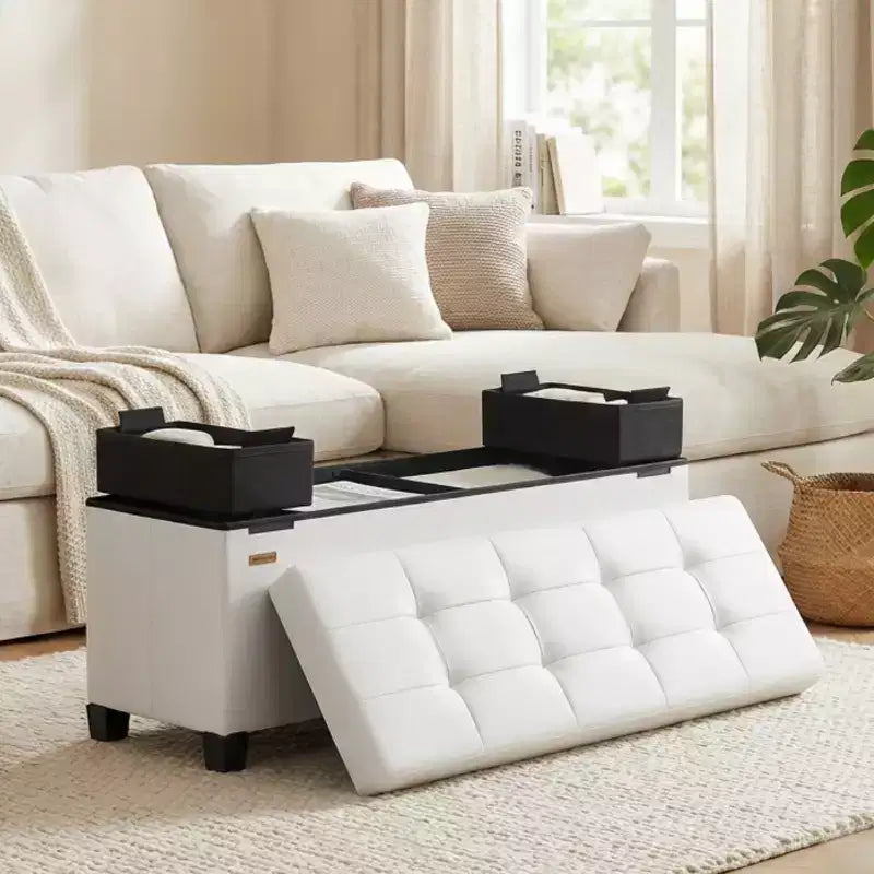 Storage Ottoman Bench with Legs, 15 x 43 x 15.7 Inches, 30 Gal. (112 L) Capacity, Synthetic Leather, Multi-Functional Footrest and Seat
