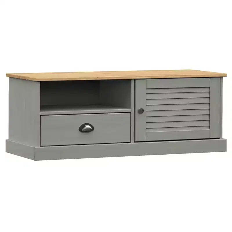 vidaXL Solid Pine Wood Entertainment Center VIGO - Gray TV Stand with Drawer, Metal Accents, 41.7x15.7x15.7 Inches, Ideal for Living Room and Bedroom