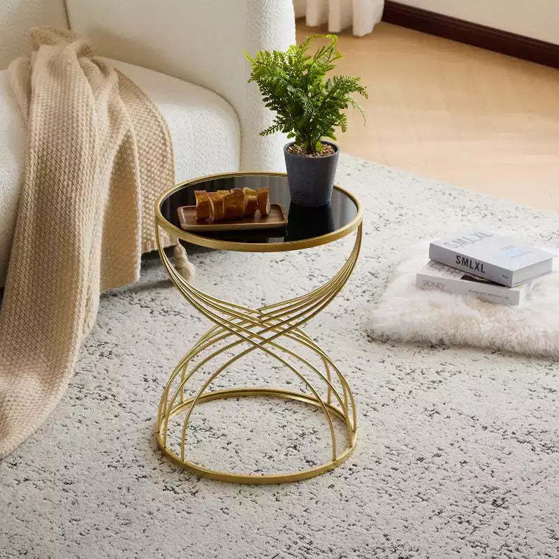Modern Side Table Round End Table Coffee Table Bedside Table Nightstand with Golden Metal Frame and Black MIirror Top-ModernLuxe