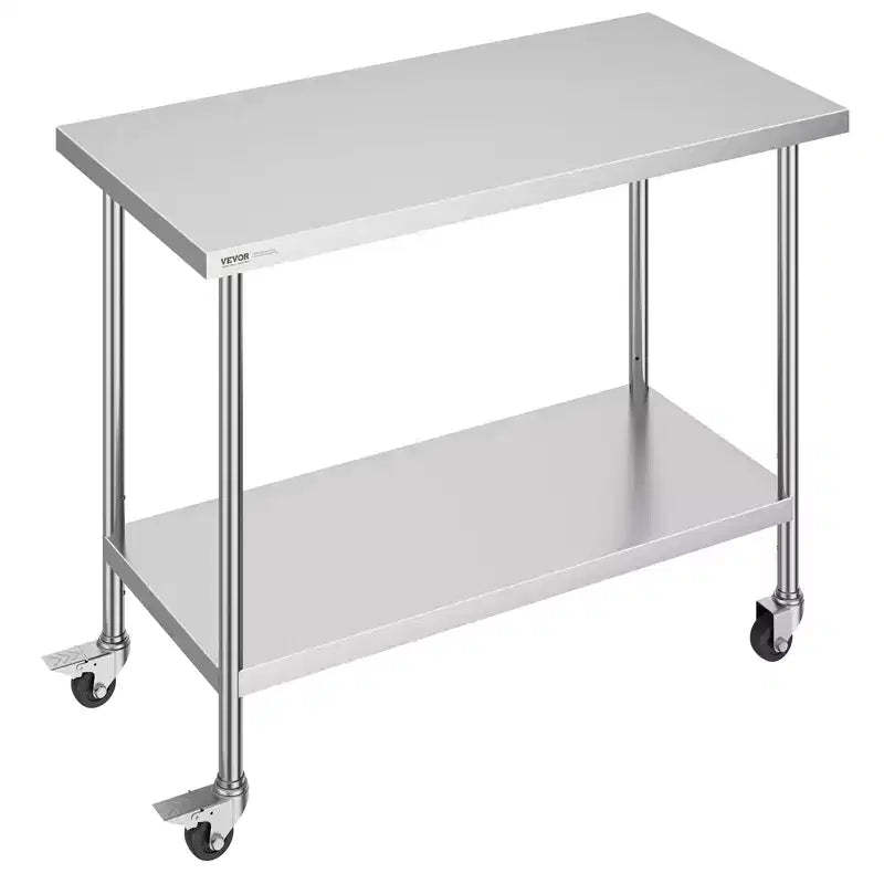 VEVOR Stainless Steel Work Table 24 x 48 x 38 Inch, with 4 Wheels, 3 Adjustable Height Levels, Heavy Duty Food Prep Worktable, Silver
