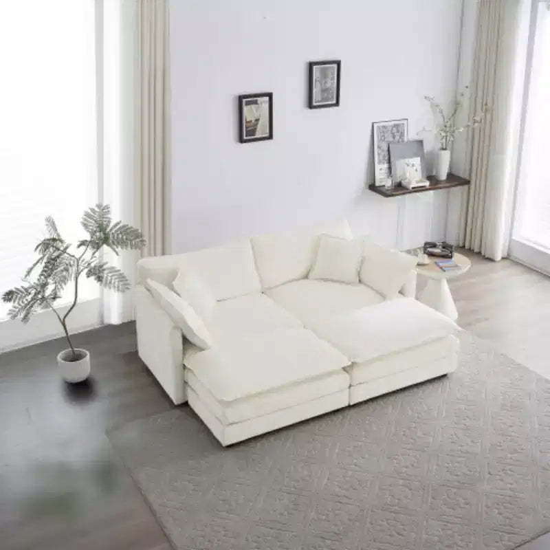 4-Piece Set: Upholstered 2-Seater Sofa and 2 Ottoman Pieces, Loveseat Lounge