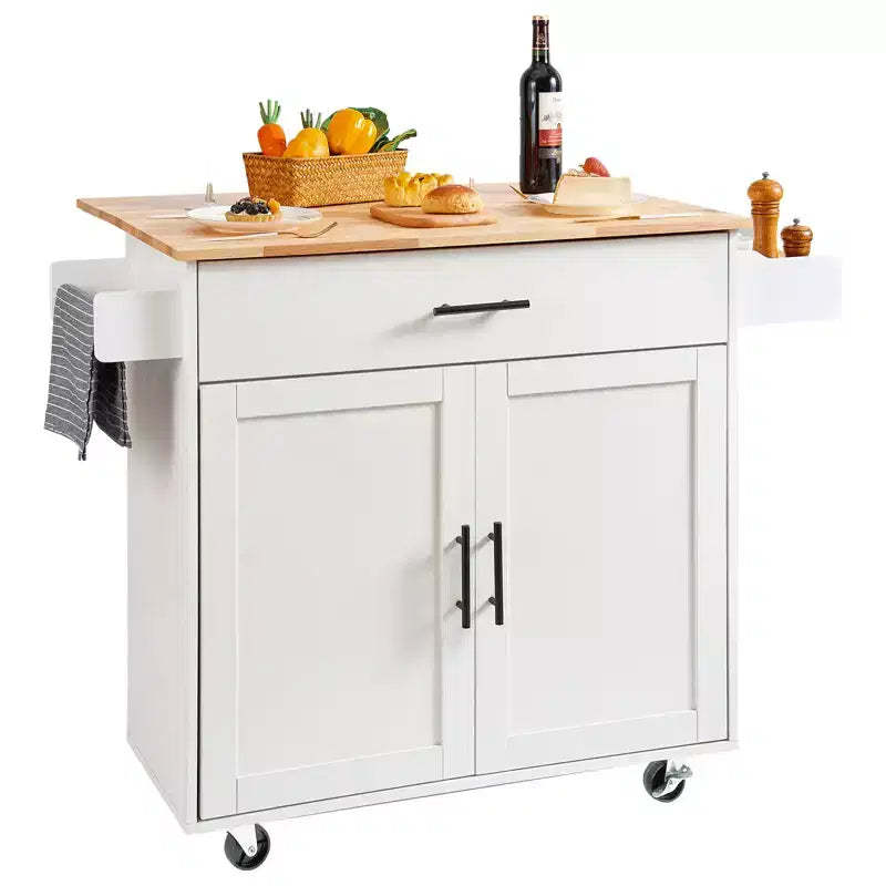 VEVOR Kitchen Island Cart with Solid Wood Top,35.4 Width Mobile Carts with Storage Cabinet, Rolling Kitchen Table with Spice Rack, Towel Rack, White