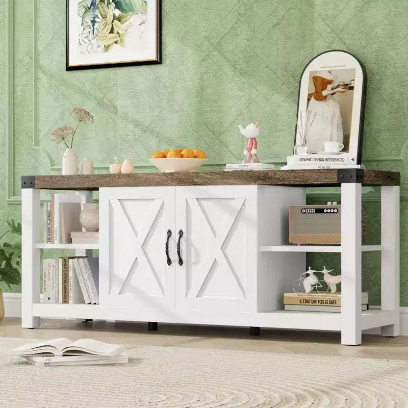 TV Stand for 65 Inch TV, 60 Inch Entertainment Center with Storage, Farmhouse TV Console Table with Shelves, Wooden Media Console Cabinet with Doors