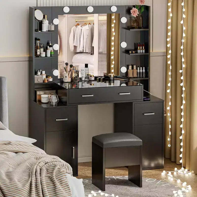 Vanity Desk with Lights, Glass Top, Charging Station, Mirror, Nightstand, Set with Storage Bench, 3 Lighting Modes, White
