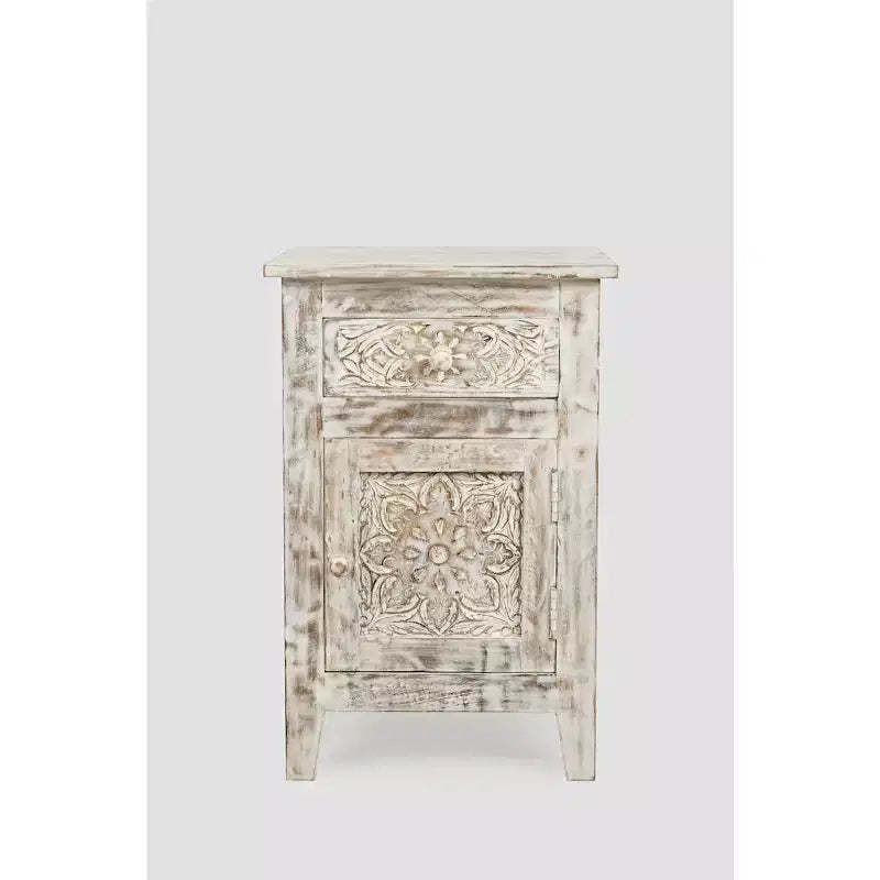 Jofran,Global Archive Hand Carved Mango Wood Accent Table- White Color
