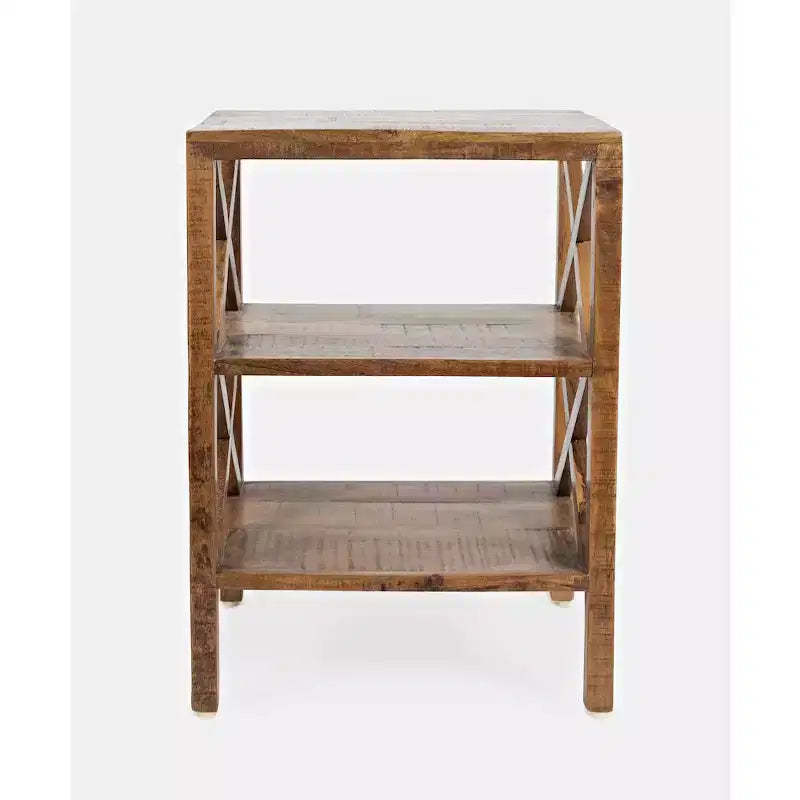 Jofran,Global Archive Solid Wood Rustic Modern X-Side Accent table with Two Shelves- Gold Color