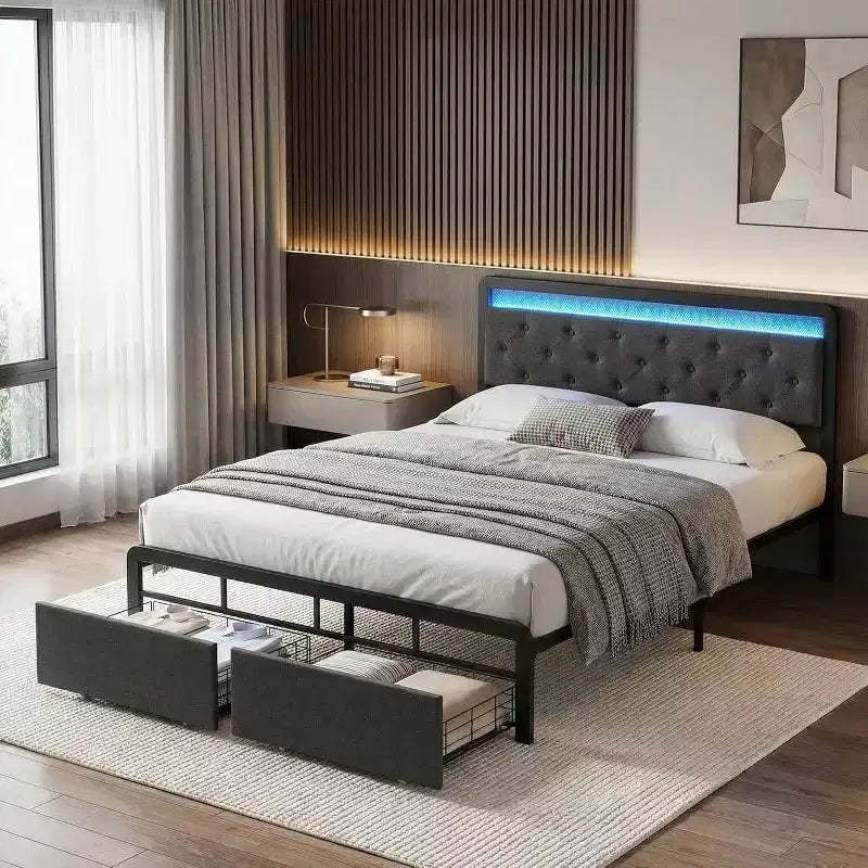 Garvee Queen/FULL Bed Frame with 2 Storage Drawers, LED Lights Upholstered Platform Bed with Heavy Duty Metal Slats, No Box Spring Needed, Noise Free
