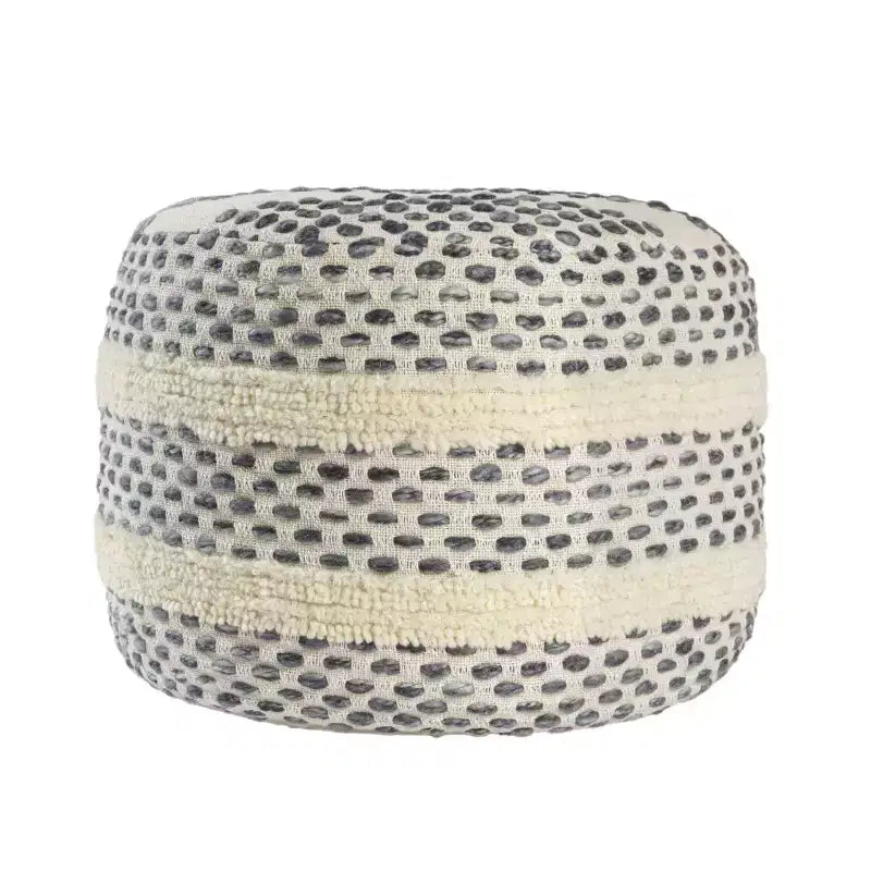 HomeRoots 18 Ivory and Blue Cotton Blend Round Striped Pouf Ottoman