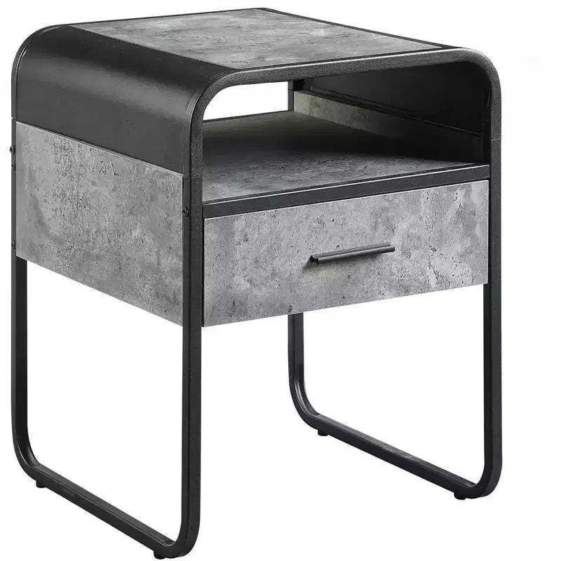 HomeRoots 22 Black And Gray Wood And Metal Square End Table With Drawer And Shelf