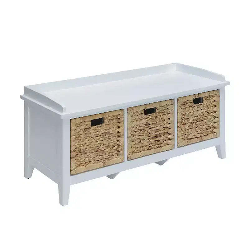 Simple Relax Wooden Bench with 3 Drawers in Rattan and White