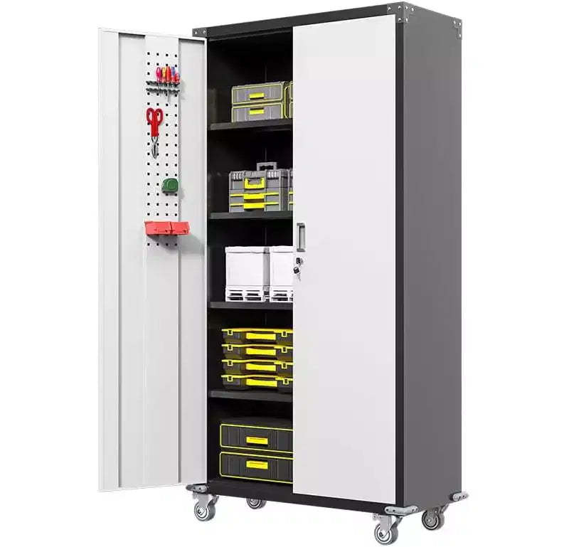Garage Storage Cabinets, 71'' Metal Storage Cabinet with Wheels, with 2 Lockable Doors, 4 Adjustable Shelf and Pegboard for Garage Home Office