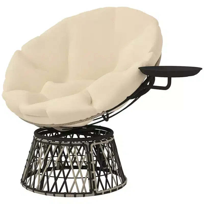 Outsunny 39 Outdoor Papasan Chair with Side Tray, 360 Swivel Overstuffed Circle Chair with Thickened Cushion, Steel Frame for Indoor, Patio, Beige