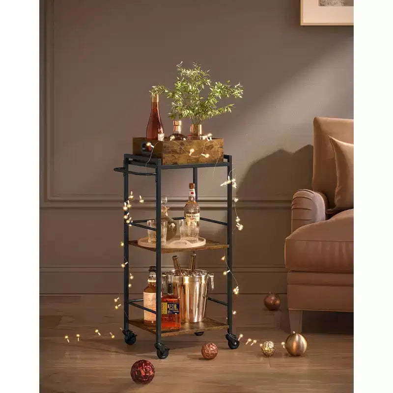3-Tier Kitchen Serving Cart with Removable Tray, 11.8 x 13.7 x 33.9, Rustic Brown & Black, Wheels with Brakes & Leveling Feet.