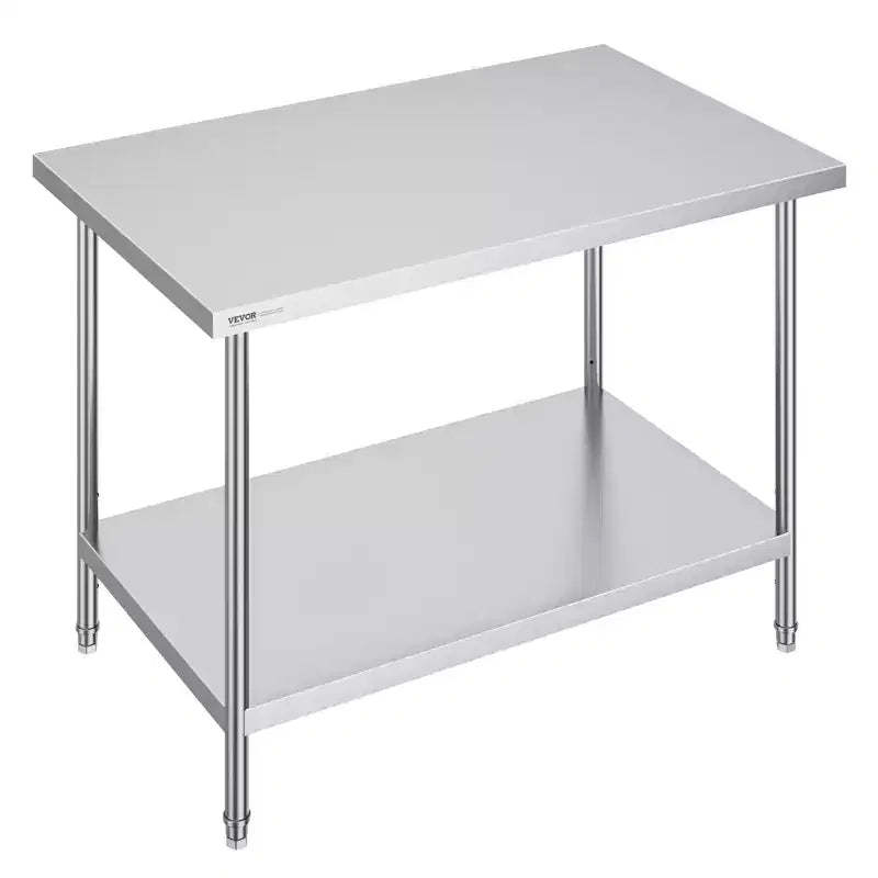 VEVOR Stainless Steel Prep Table, 30 x 48 x 34 Inch, 880 lbs Load Capacity, Heavy Duty Metal Worktable with 3 Adjustable Height Levels