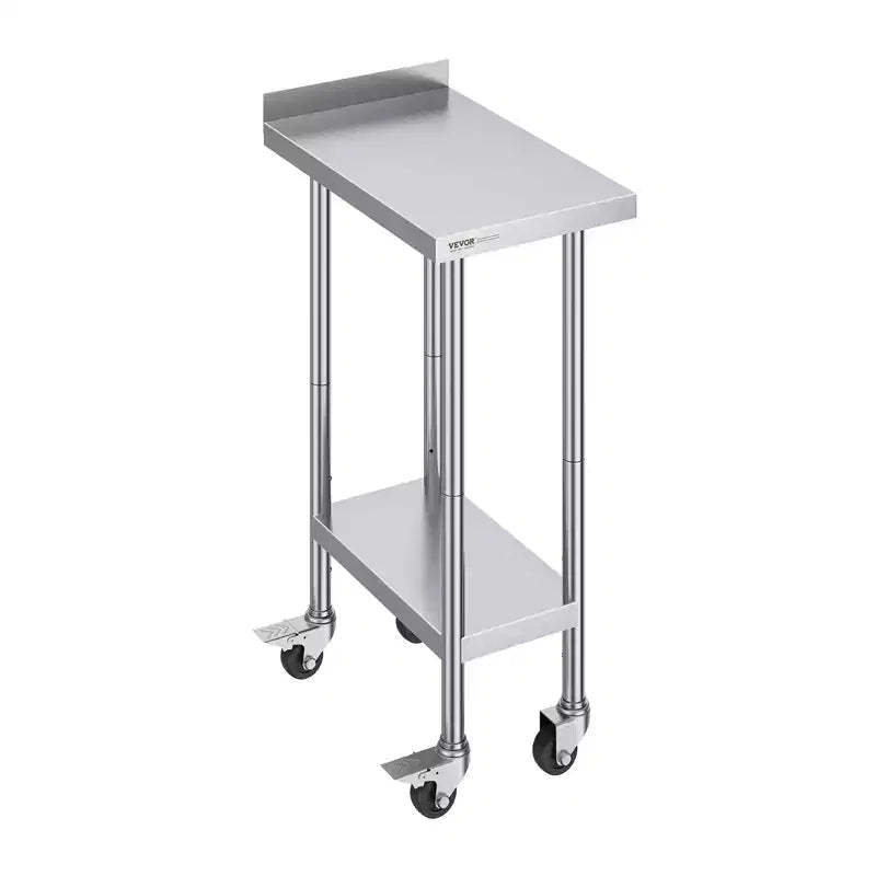 VEVOR 24 x 15 x 40 Inch Stainless Steel Work Table, Commercial Food Prep Worktable with Casters, Heavy Duty Prep Worktable, Metal Work Table