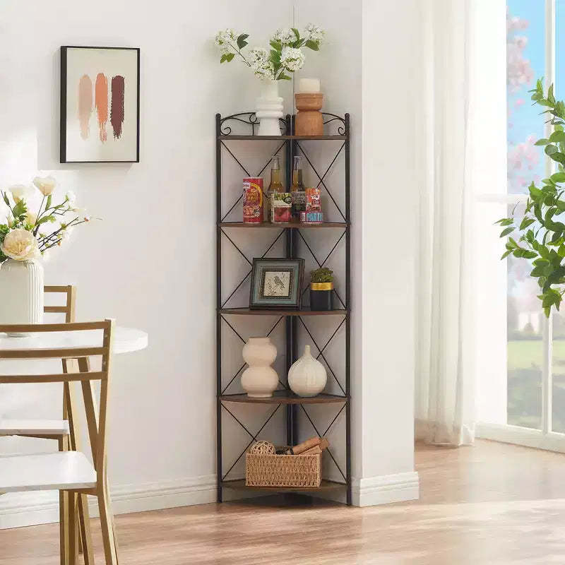 VECELO Corner Storage Cabinet with Wooden Shelves, Free-Standing Organizer for Small Spaces, Brown
