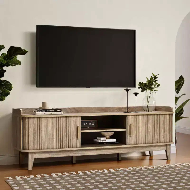 LuxenHome 63 Mid Century TV Stand with Storage, for TVs up to 65, Brown Media Console with Sliding Doors, Oak Brown