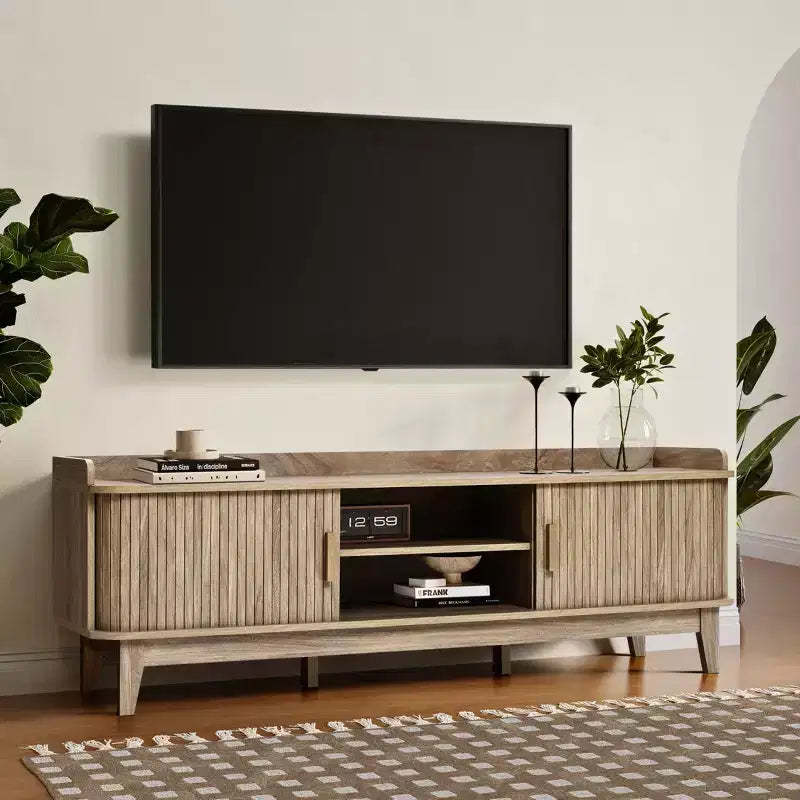 LuxenHome 63 Mid Century TV Stand with Storage, for TVs up to 65, Brown Media Console with Sliding Doors, Oak Brown