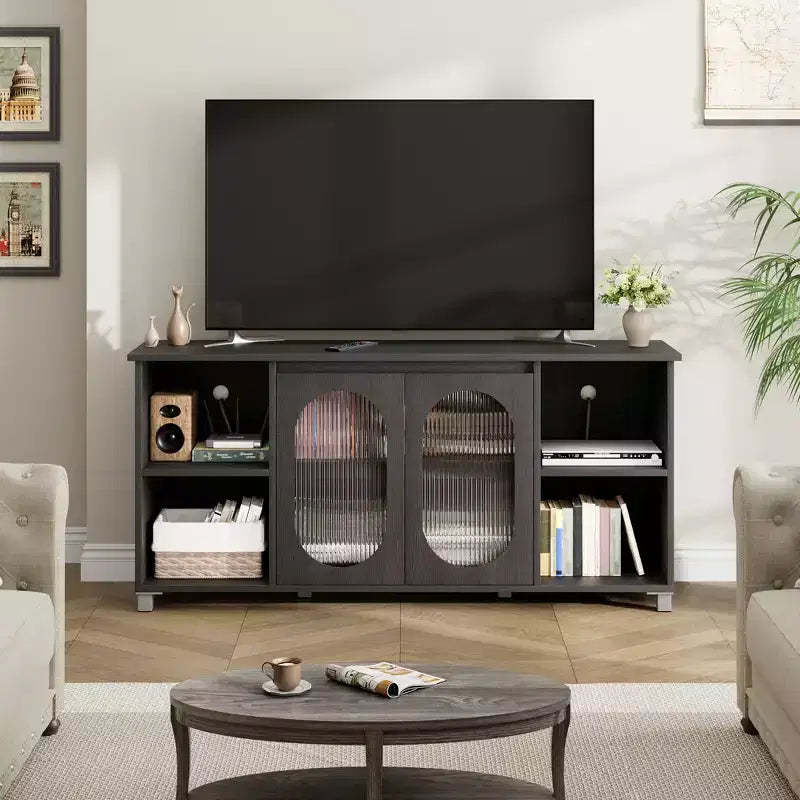 Modern TV Stand for 65 Inch, Black Entertainment Center with Storage Shelves & Glass Doors  Wooden Media Console Cabinet for Living Room
