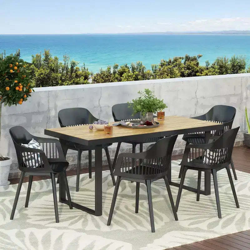 Christopher Knight Home Requeta Outdoor Acacia Wood and Resin 7 Piece Dining Set with 70.25 Dining Table, Black/Teak